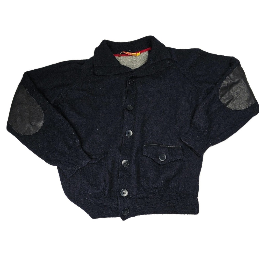 Kuna Navy Knit Cardigan‎ Sweater Leather Elbow Patches Mens Small Button Down